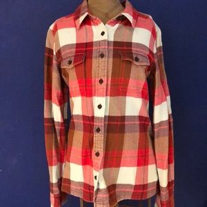 Patagonia pink red tan plaid organic cotton top 8